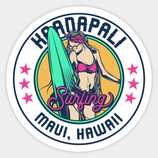 Retro Surfer Babe Badge Kaanapali Beach Maui Hawaii Sticker